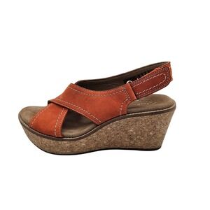 Clarks Sandals Womens Size 8 Orange Suede Slingback Cork Wedge Platform Comfort